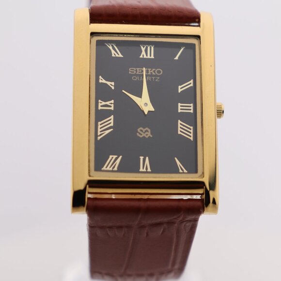 Seiko Slim Vintage Quartz Men's  Wrist Watch Black Dial with new Camel Strap - Picture 2 of 7